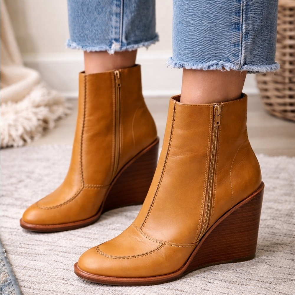 See By Chloe Cognac Leather Wedge Ankle Boots